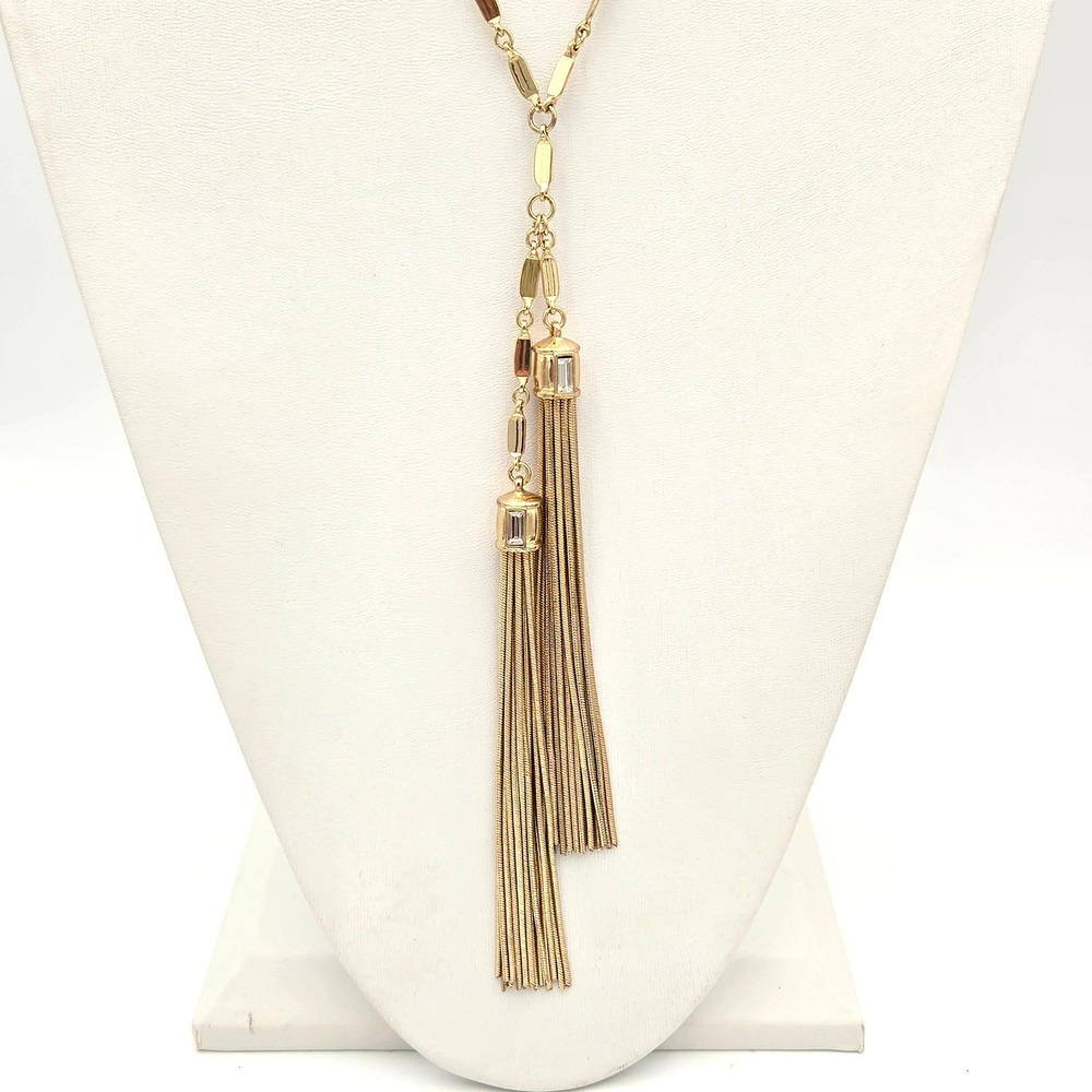 Chicos Gold Tone Double Tassel Lariat Style Necklace Baguette Crystal Accents